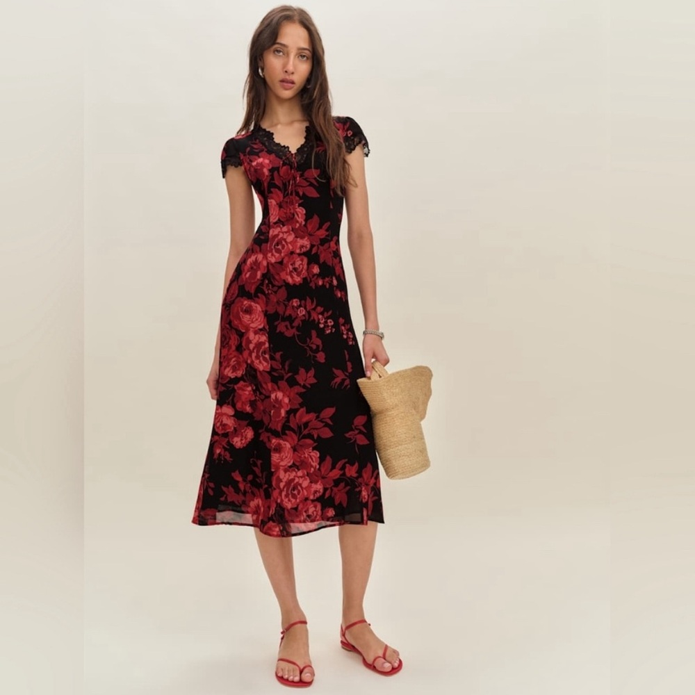 Reformation Black Midi Dress with Red Floral Print